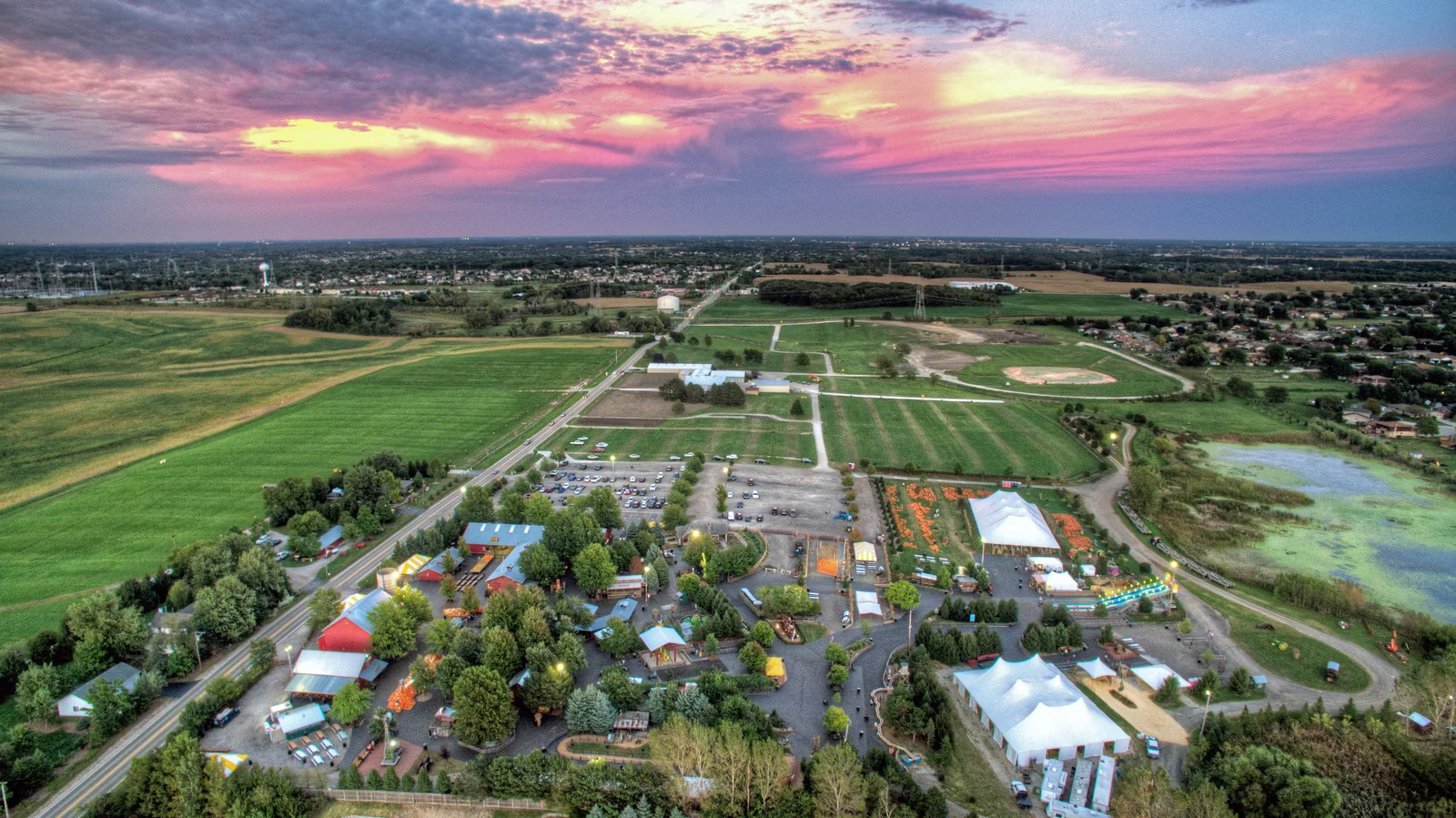 Aerial panoramic view of Chicagoland pumpkin patches and autumn harvest festival
