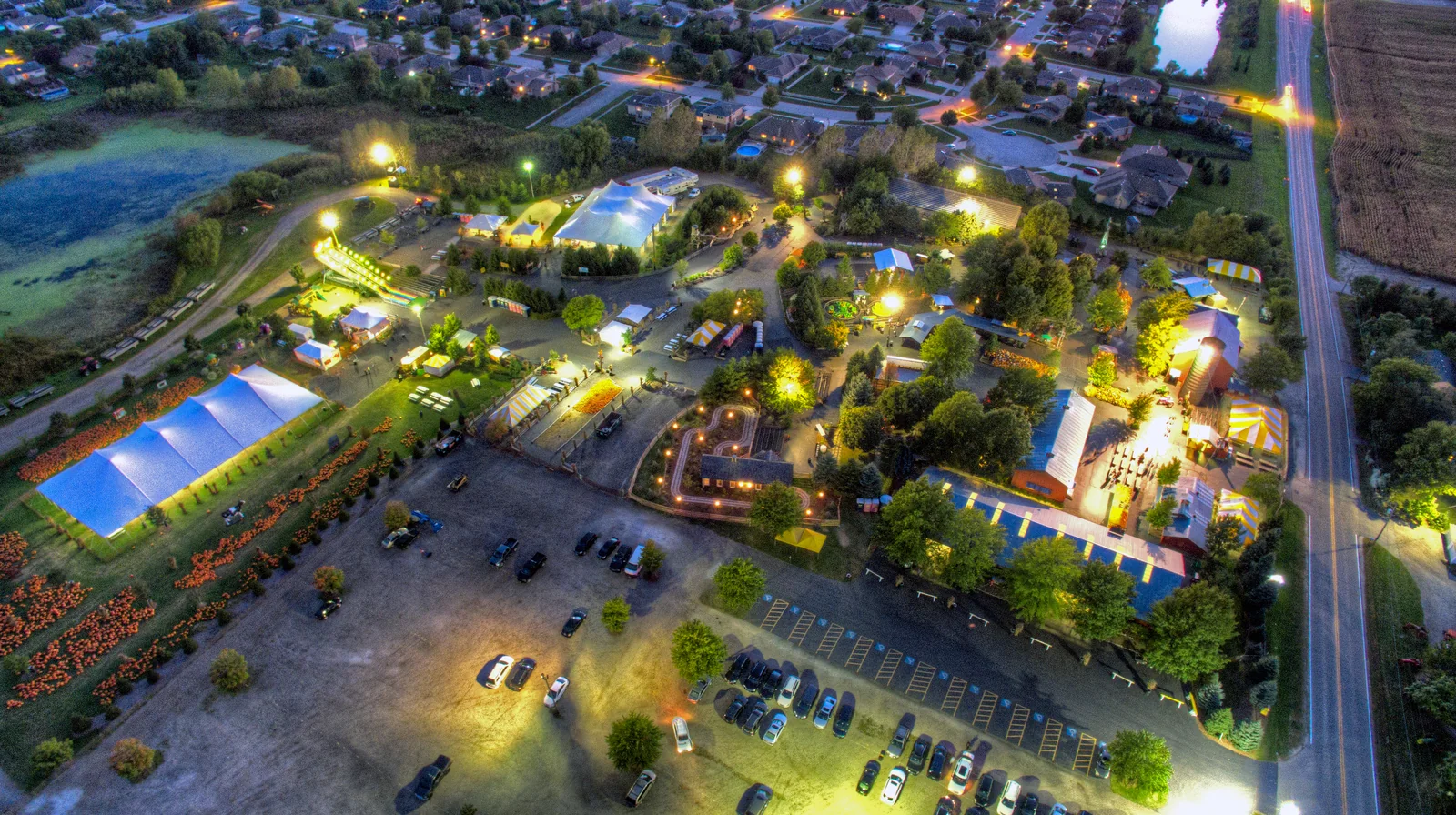 Nighttime illuminated fall festival lights
